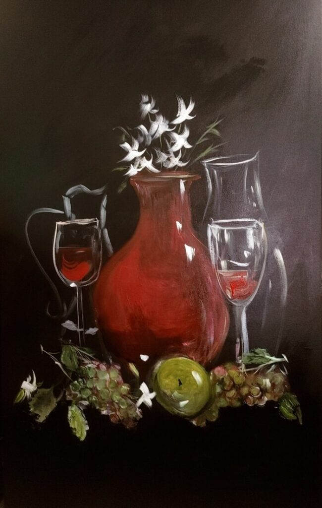 Acrylic Red vase, red wine & grapes - 36x60 ($800)